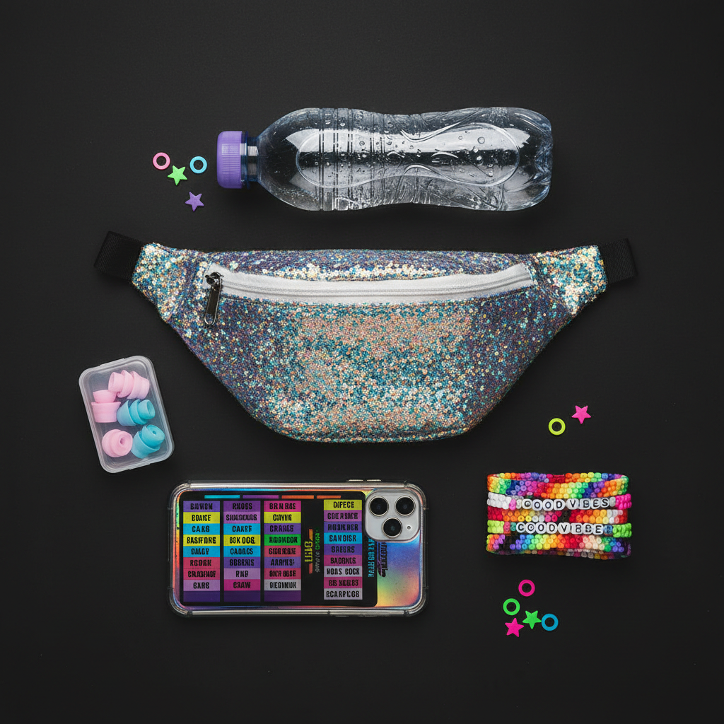 A close-up of a carefully arranged flat lay of EDM festival essentials on a matte black surface: a glittery iridescent fanny pack, pastel silicone earplugs in a tiny transparent case, a crystal-clear reusable water bottle with condensation droplets, a holographic phone case displaying a colorful festival schedule, and woven kandi bracelets spelling out playful phrases in rainbow beads. A few biodegradable neon confetti pieces are scattered around. Soft, diffused studio lighting from above minimizes harsh shadows and creates gentle reflections. Photographic realism with a centered, balanced composition and shallow depth of field keeps the main items crisp while the edges gradually blur. The mood is organized yet fun, capturing the excitement of prepping for a rave-filled weekend.