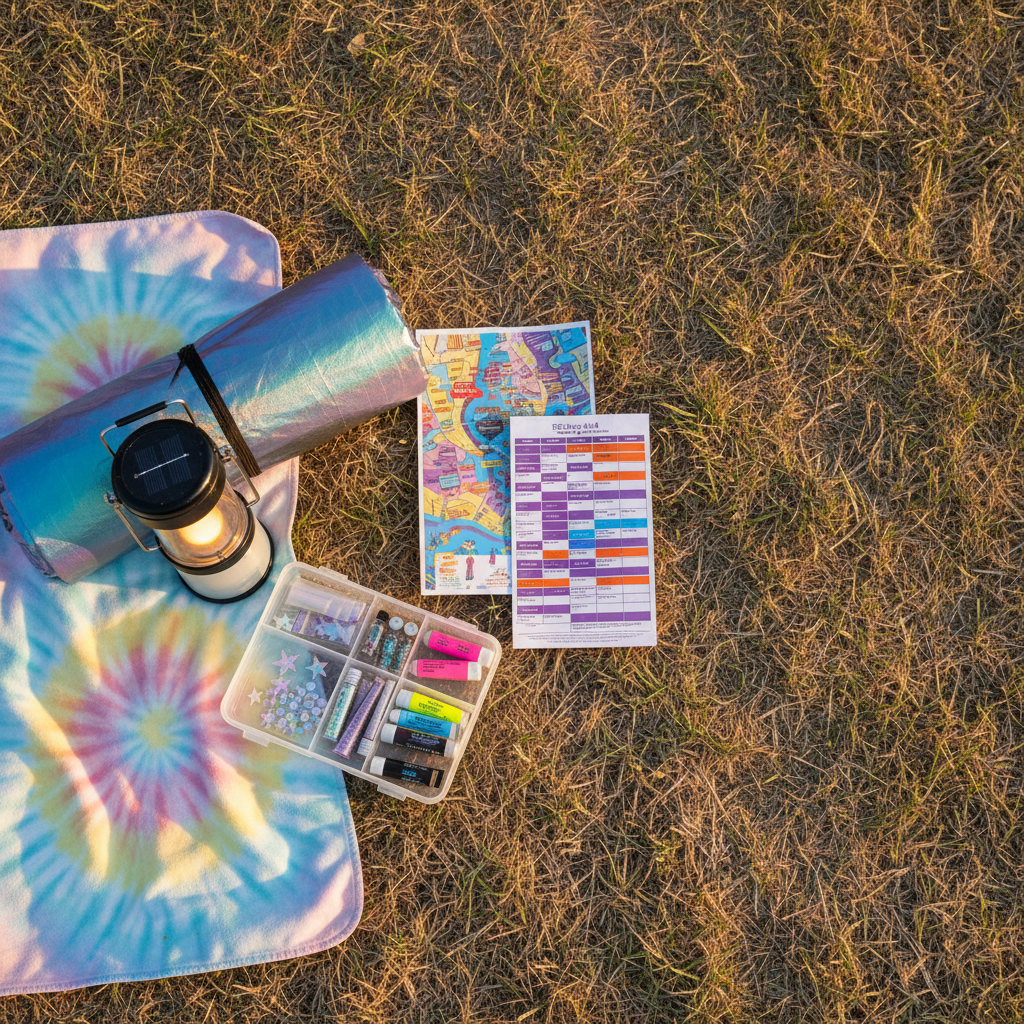 An overhead, photographic flat lay of a camping setup tailored for an EDM festival, arranged on sun-bleached grass. A neatly rolled iridescent tent, a compact solar-powered lantern with a warm amber glow, a pastel tie-dye blanket, and a small, transparent organizer containing glitter vials, biodegradable face gems, and neon body paint tubes form the core. A laminated festival map and a color-coded daily schedule sit to one side, corners slightly curled. Late afternoon golden hour light washes over the scene, casting soft, elongated shadows and giving everything a cozy, inviting warmth. The composition uses rule of thirds with clear negative space, evoking a playful yet practical mood perfect for a weekend of music and magic.
