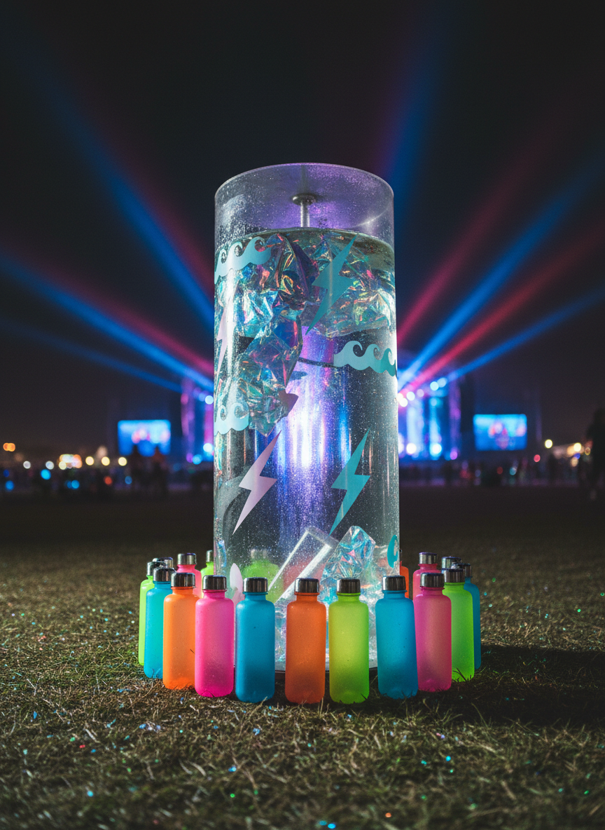 A meticulously decorated festival hydration station captured in photographic realism: a tall, clear water refill tower wrapped in shimmering mylar and pastel holographic decals of waves and lightning bolts, surrounded by neatly arranged reusable bottles in translucent neon colors. The station stands on trampled grass sprinkled with a few biodegradable glitter flecks. In the blurred background, beams of colored light sweep across the night from a distant stage. Cool, focused spotlights illuminate the station itself, making droplets of condensation sparkle. Shot from a slightly low angle, the composition makes the station feel iconic and important, conveying a playful yet responsible mood that celebrates staying hydrated and safe amidst the rave magic.