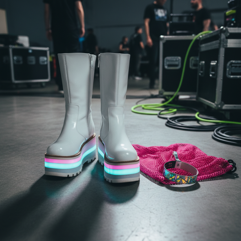A pair of meticulously designed platform rave boots standing side by side on a smooth concrete floor, crafted from glossy white faux leather with pastel rainbow gradients running along the thick soles. Tiny embedded LED strips glow softly in shades of magenta and cyan along the edges of the platforms. Beside them lies a folded mesh drawstring bag in hot pink, with a single reflective festival wristband curling out. Shot at eye level with the boots, the background is a softly blurred backstage area with hints of flight cases and coiled cables. Cool, directional studio lighting from the left creates subtle shadows and sharp highlights, emphasizing texture. The photographic style is crisp and modern, conveying anticipation and playful self-expression.