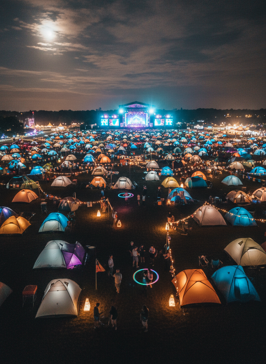 A nighttime aerial view of a sprawling EDM festival campsite captured with photographic realism, rows of colorful tents forming organic patterns across a grassy field. Tents in metallic silver, pastel gradients, and bold neon hues are interspersed with twinkling fairy lights, glowing hula hoops, and small battery-powered lanterns casting warm pools of light. In the distance, the main stage glows like a jewel, LED visuals faint but vibrant against the dark horizon. The scene is lit by a combination of stage glow, scattered camp lights, and a soft, moonlit sky with wisps of clouds. The composition highlights depth and scale, with crisp detail in the foreground and gentle haze in the distance, creating an enchanting, communal atmosphere.